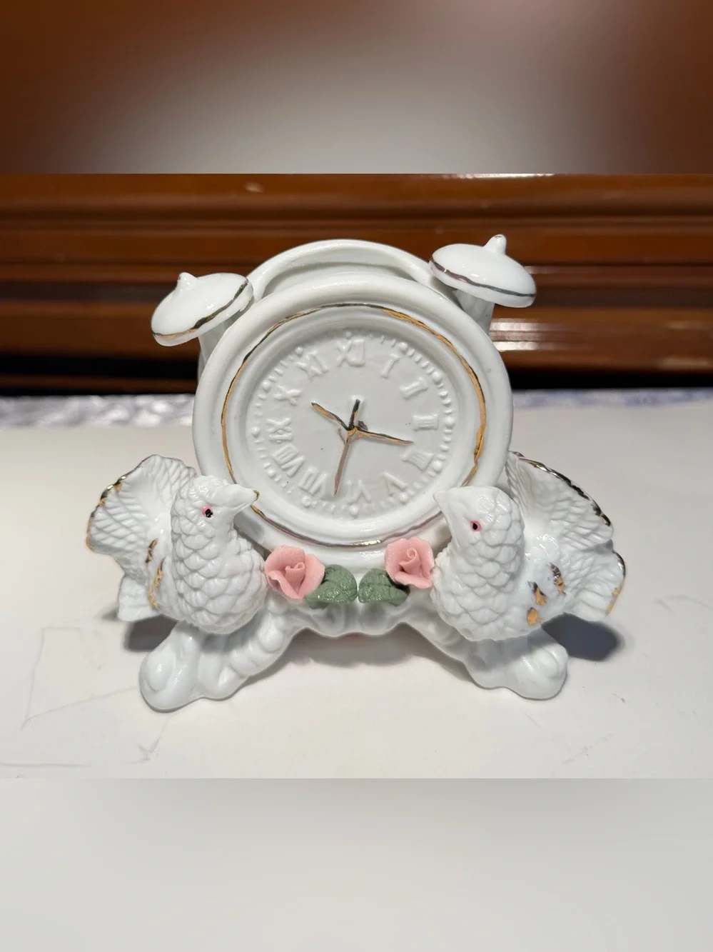 Vintage Ceramic Clock Planter Featuring Twin Doves Pink Roses Gold Trim China